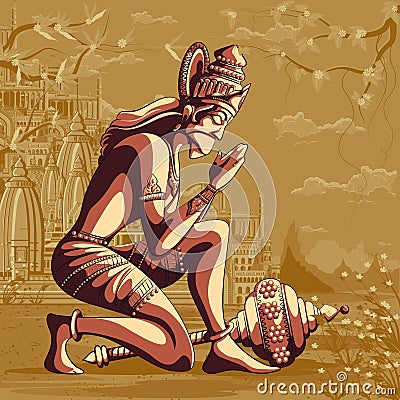 Indian God Hanuman flying with mountain Vector Illustration