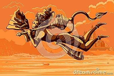 Indian God Hanuman flying with mountain Vector Illustration