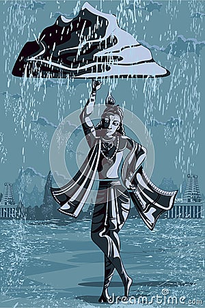 Indian God Krishna lifting mountain Vector Illustration