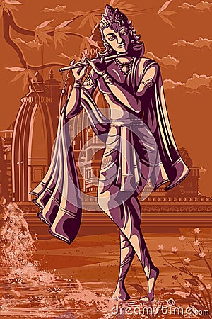 Indian God Krishna playing Bansur (flute) Vector Illustration