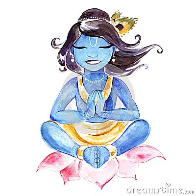 Indian God Krishna. Watercolor illustration. Cartoon Illustration