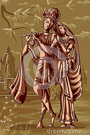 Indian God Radhe Krishna playing Bansur (flute) Vector Illustration