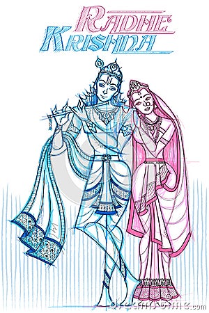 Indian God Radhe Krishna in sketchy look Vector Illustration