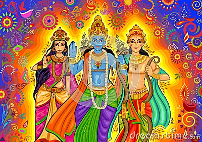 Indian God Rama with Laxman and Sita for Dussehra festival celebration in India Vector Illustration