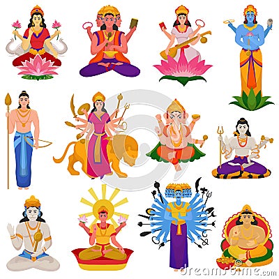 Indian god vector hindu godhead of goddess character and hinduism godlike idol Ganesha in India illustration set of Vector Illustration