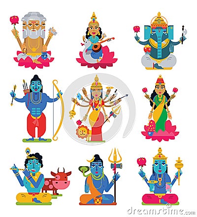Indian god vector hindu godhead of goddess character and hinduism godlike idol Ganesha in India illustration set of Vector Illustration