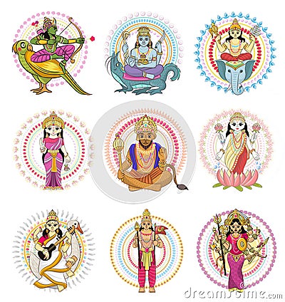 Indian god vector hinduism godhead of goddess and godlike idol Ganesha in India illustration set of asian godly religion Vector Illustration