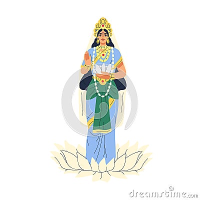 Indian goddess Parvati. Hindu female deity of motherhood, fertility. India hinduism divine woman character with lotus Vector Illustration