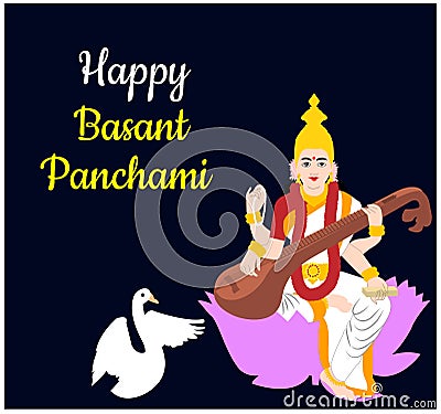 Indian Goddess Saraswati Mata Happy Basant Vasant Panchami Religious Card Design Vector Illustration
