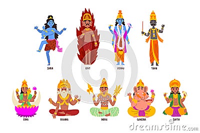 Indian Gods set, Shiva, Igny, Vishnu, Ganesha, Indra, Soma, Brahma, Surya, Yama god cartoon characters vector Vector Illustration