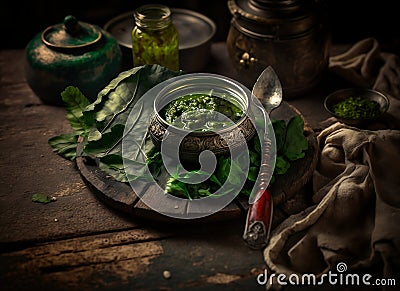 Indian Green Chutney. Spicy and Tangy Condiment. Stock Photo