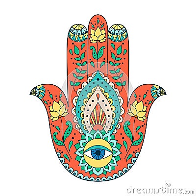 Indian hand drawn hamsa. Hamsa henna tattoo with ethnic ornament. Vector Illustration