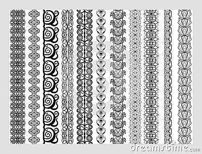 Indian Henna Border decoration elements patterns in black and white colors. Vector Illustration