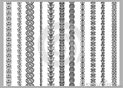 Indian Henna Border decoration elements patterns in black and white colors. Vector Illustration