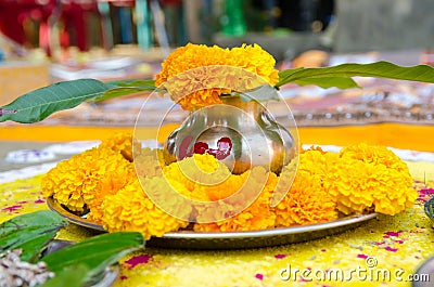 Indian Hindu Religion Mangal ghat with any Hindus Puja Festival . Stock Photo