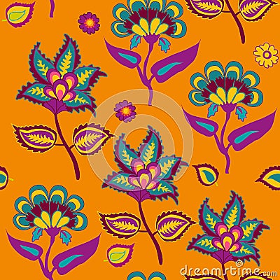 Indian Kalamkari Seamless Pattern on Orange Arabic Pasley backround Repeating Pattern Living Coral and Turqoise color Stock Photo