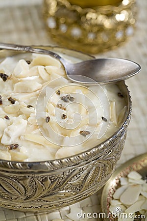 Indian Kheer, rice dessert in a bowl. Stock Photo