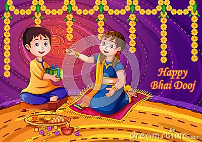 Indian kids celebrating Happy Bhai Dooj on colorful art style background of India Vector Illustration