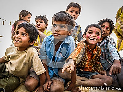Indian Kids in the Jaisalmer Desert, Rajasthan, India Editorial Stock Photo