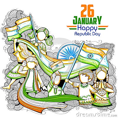 Indian kids waving tricolor flag celebrating Republic Day of India Vector Illustration