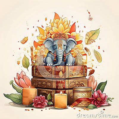 Indian krishna strawman on an elegantly decorated platform all around, Lotus flowers and candles. Diwali, the dipawali Indian Vector Illustration