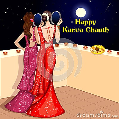 Indian Lady celebrating Karwa Chauth Vector Illustration