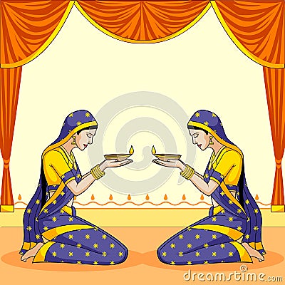 Indian lady with diwali diya Vector Illustration