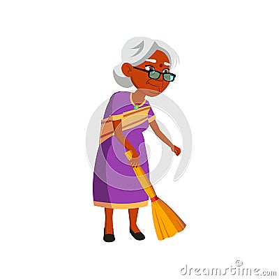 indian lady senior sweeping floor with broom cartoon vector Vector Illustration