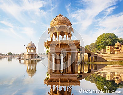 Indian landmarks - Gadi Sagar temple on Gadisar lake - Jaisalme Stock Photo