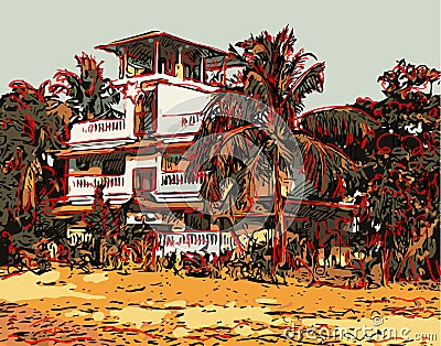 Indian landscape digital graphic artwork in Goa, Baga Vector Illustration