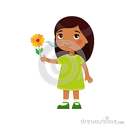 Indian little girl like the pleasant smell from a flower. Fragrance concept. Vector Illustration