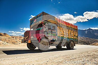 Indian lorry truck on NH-1 Srinagar Leh national highway Editorial Stock Photo