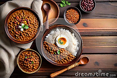 Indian madras lentils cuisine wooden spoon beans food Cartoon Illustration