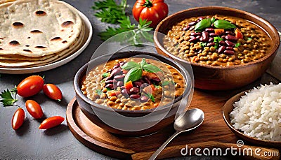 Indian madras lentils food meal bowl tomato cuisine Cartoon Illustration