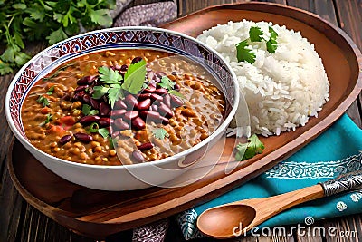 Indian madras lentils white rice wooden serving plate food Cartoon Illustration