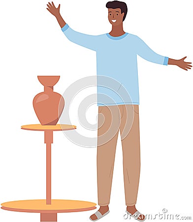 Indian man emotionally tells or sings actor declaims. Young smiling male standing at table with vase Vector Illustration