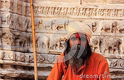 Indian man sitting at Jagdish temple, Udaipur, India Editorial Stock Photo