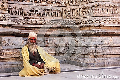 Indian man sitting at Jagdish temple, Udaipur, India Editorial Stock Photo