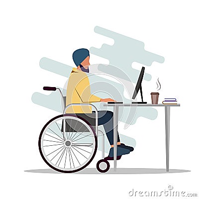 Indian man is sitting in a wheelchair and working at a computer. A disabled person works in an office Cartoon Illustration