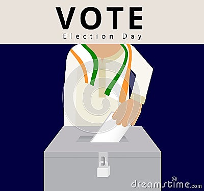 Indian man wearing scarves using hand drop the card into the locked ballots, eligible voter in general election day in India, poll Cartoon Illustration