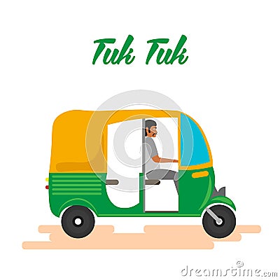 Indian motor rickshaw car. Indian tuk tuk. Vector illustration. Cartoon Illustration