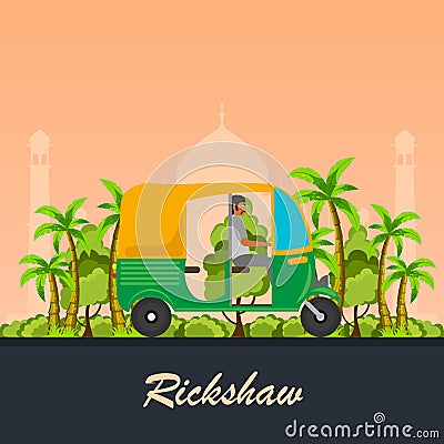 Indian motor rickshaw car. Indian tuk tuk. Vector illustration. Cartoon Illustration