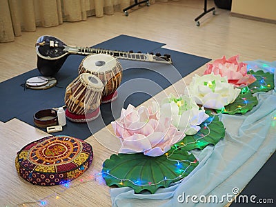 Indian musical instrument, name Mirudangam or Tabla and Sitar. Russia, Saratov - 05 April 2019 Editorial Stock Photo