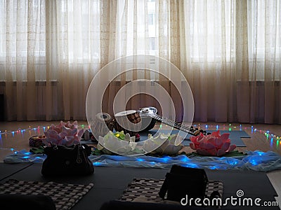 Indian musical instrument, name Mirudangam or Tabla and Sitar. Russia, Saratov - 05 April 2019 Editorial Stock Photo