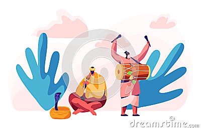 Indian Musician Playing Drum Dhol and Flute in Asian Festival. Man Hypnotize Cobra Snake in Basket. Musical Instrument Concert Vector Illustration