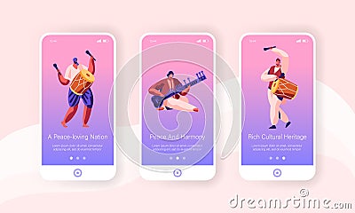 Indian Musicians in Traditional Dressing Perform with Drums, Yogi Playing on Pipe for Cobra Snake Mobile App Page Onboard Screen Vector Illustration