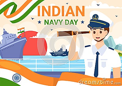 Indian Navy Day Vector Illustration on December 4 with Fighter Ships for People Military Army Saluting Appreciating Soldiers Vector Illustration