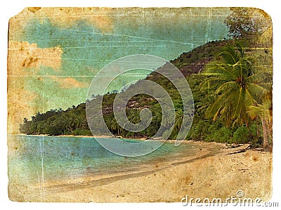 Indian Ocean landscape, Seychelles. Old postcard. Stock Photo