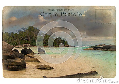 Indian Ocean landscape, Seychelles. Old postcard. Stock Photo