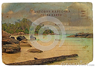 Indian Ocean landscape, Seychelles. Old postcard. Stock Photo